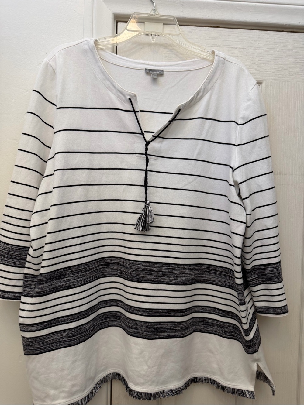 Talbots White and Black Striped Tassel Knit Top